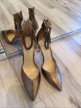 Guess Metallic Brown Snake-Embossed Chain Ankle Strap Pumps